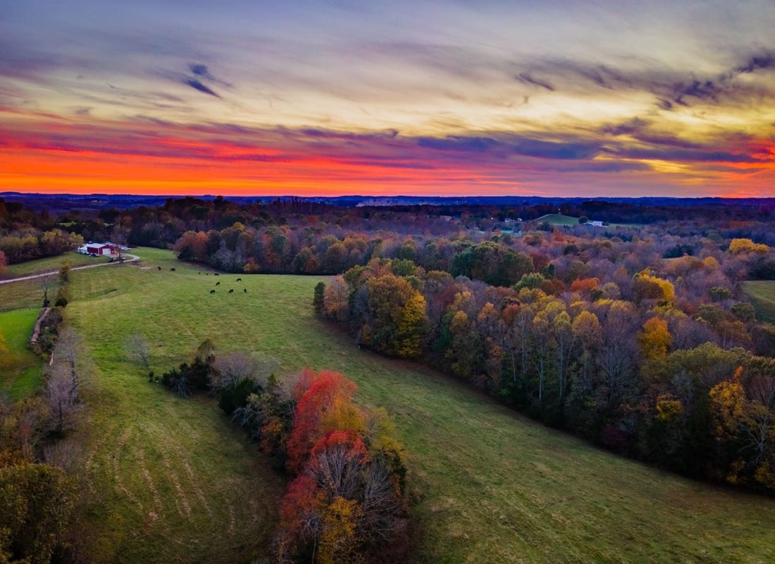 Glasgow, KY - Aerial View of Crop and Farm Fields in Glasgow, KY During Sunset